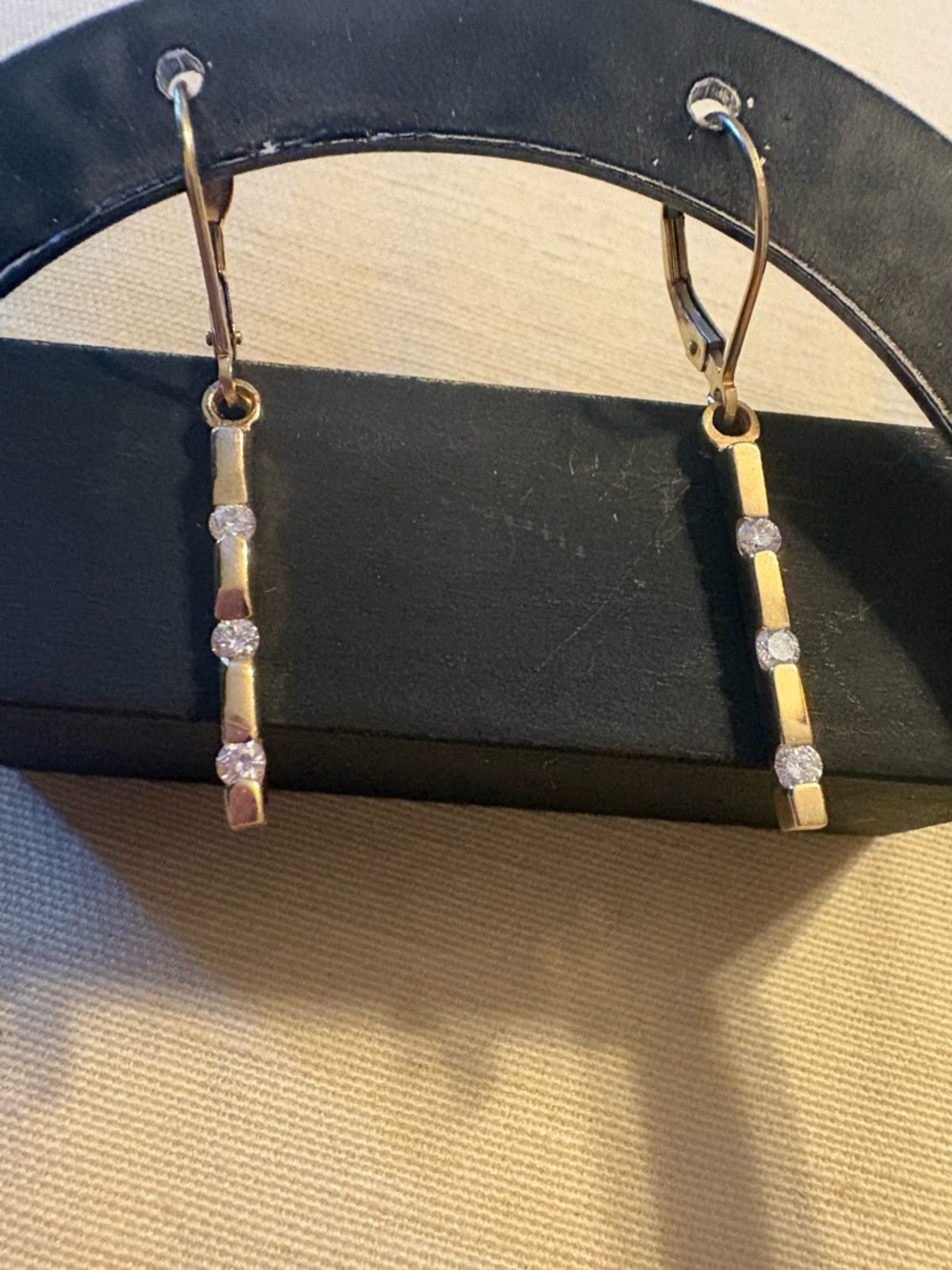 Solid 14k Yellow Gold Bar Dangle Earrings With 3 Diamonds 1.5” 2g